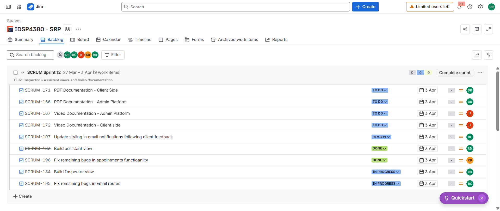 Jira Backlog

Product backlog managed throughout the project, organized by priority and sprint, keeping the team aligned with sponsor requirements and evolving feature requests.