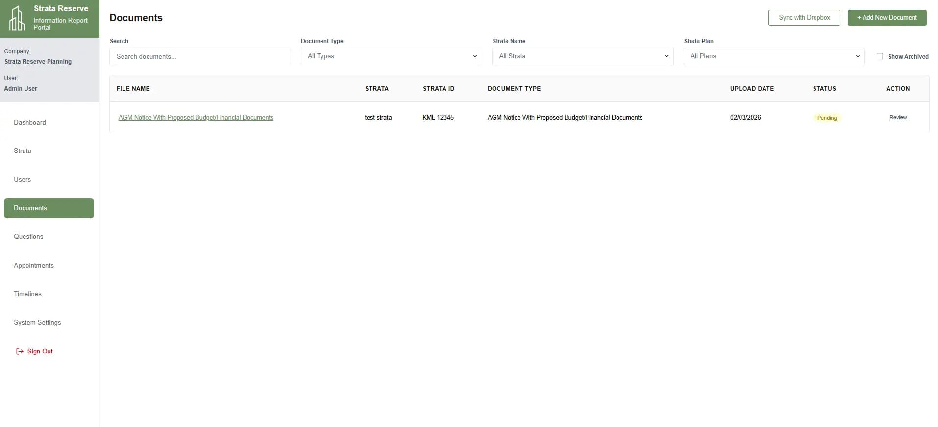 Dropbox Sync Tool

Built to reconcile the platform's database records with files manually modified in Dropbox, ensuring consistency between the portal and the company's existing document workflow.